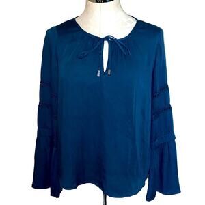 Lovestitch Boho style flared sleeve blue top pullover with front tie size small